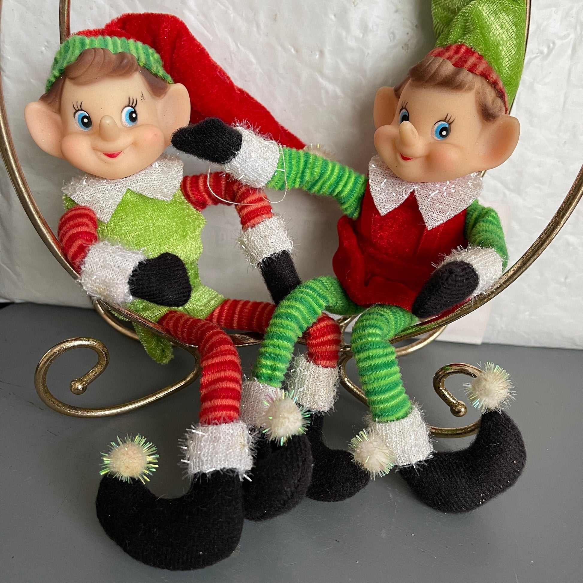 Cute Pair Of Santas Elves Vintage Christmas Collectible Shelf Sitter Decorations