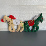 Spectacular Show Horses Pair Green and White with Fancy Saddles Decorated with Sequins Velveteen Plush Ornaments