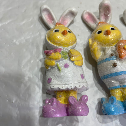 Spectacular Set Of 3 Sparkling Baby Chicks In Bunny Pajamas and Slippers Ready For The Easter Bunny To Visit Vintage Collectible Figurines