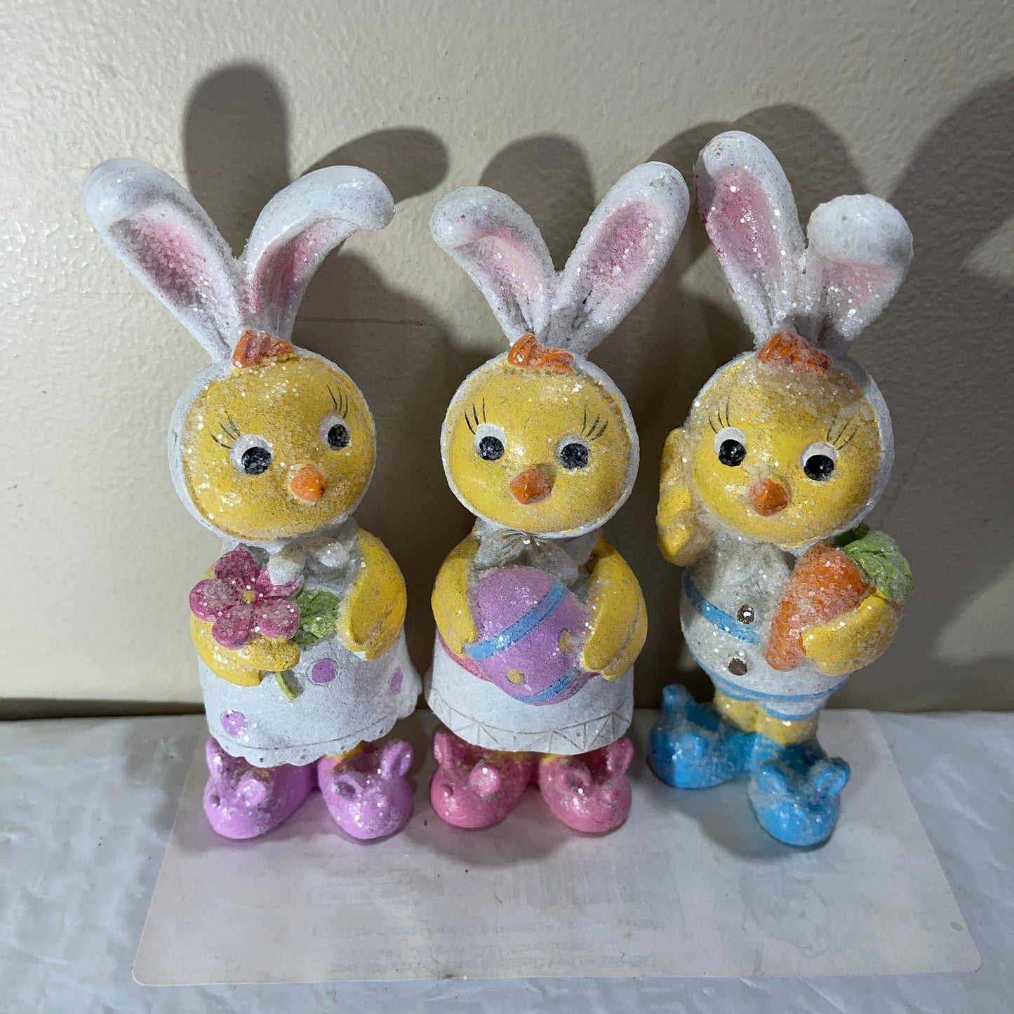 Spectacular Set Of 3 Sparkling Baby Chicks In Bunny Pajamas and Slippers Ready For The Easter Bunny To Visit Vintage Collectible Figurines