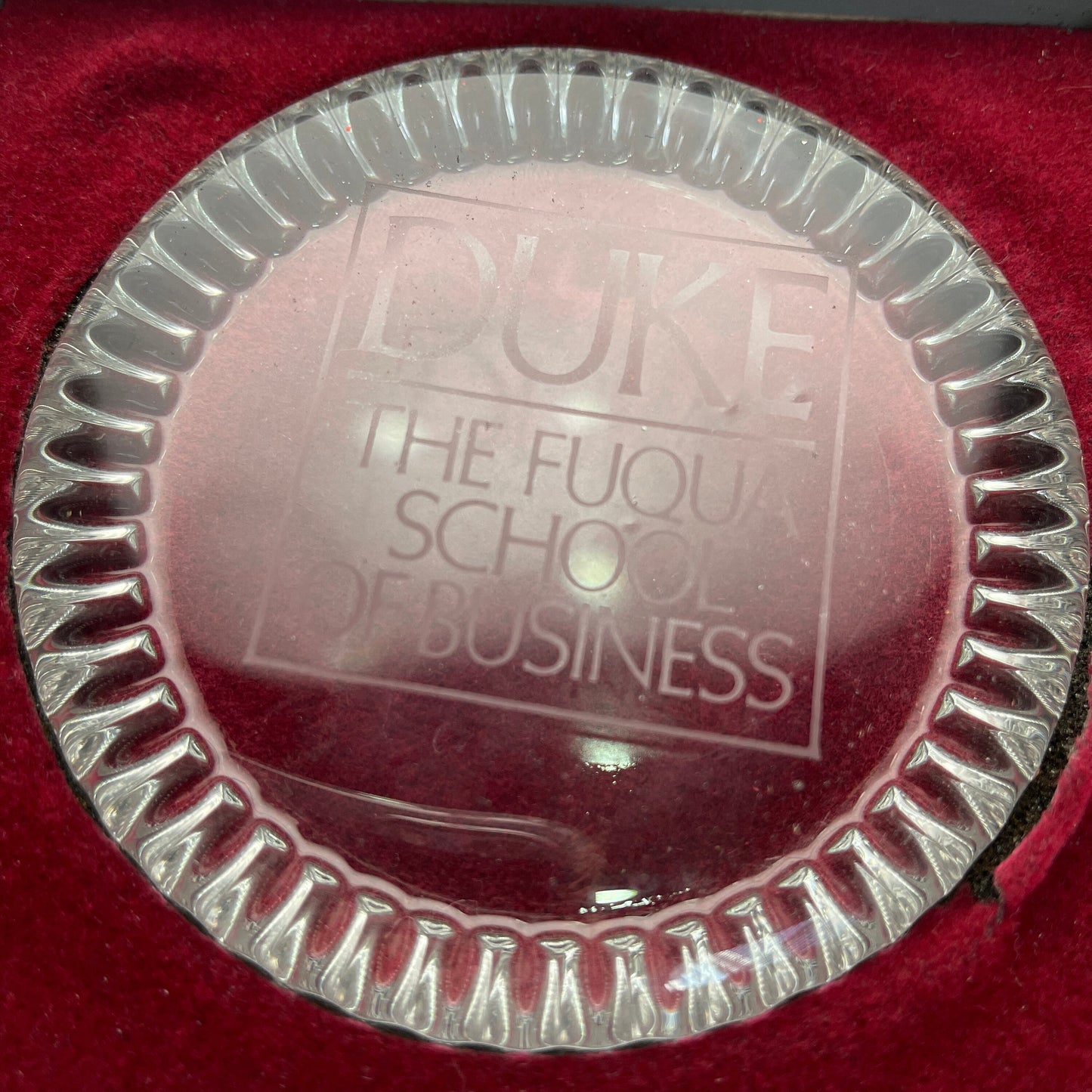 Duke The Fuqua School Of Business Clear Etched Glass Paperweight Vintage Collectible Memorabilia