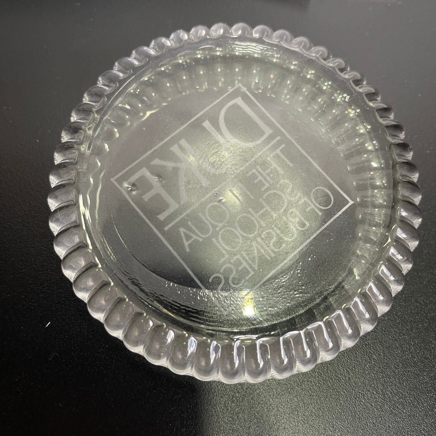 Duke The Fuqua School Of Business Clear Etched Glass Paperweight Vintage Collectible Memorabilia