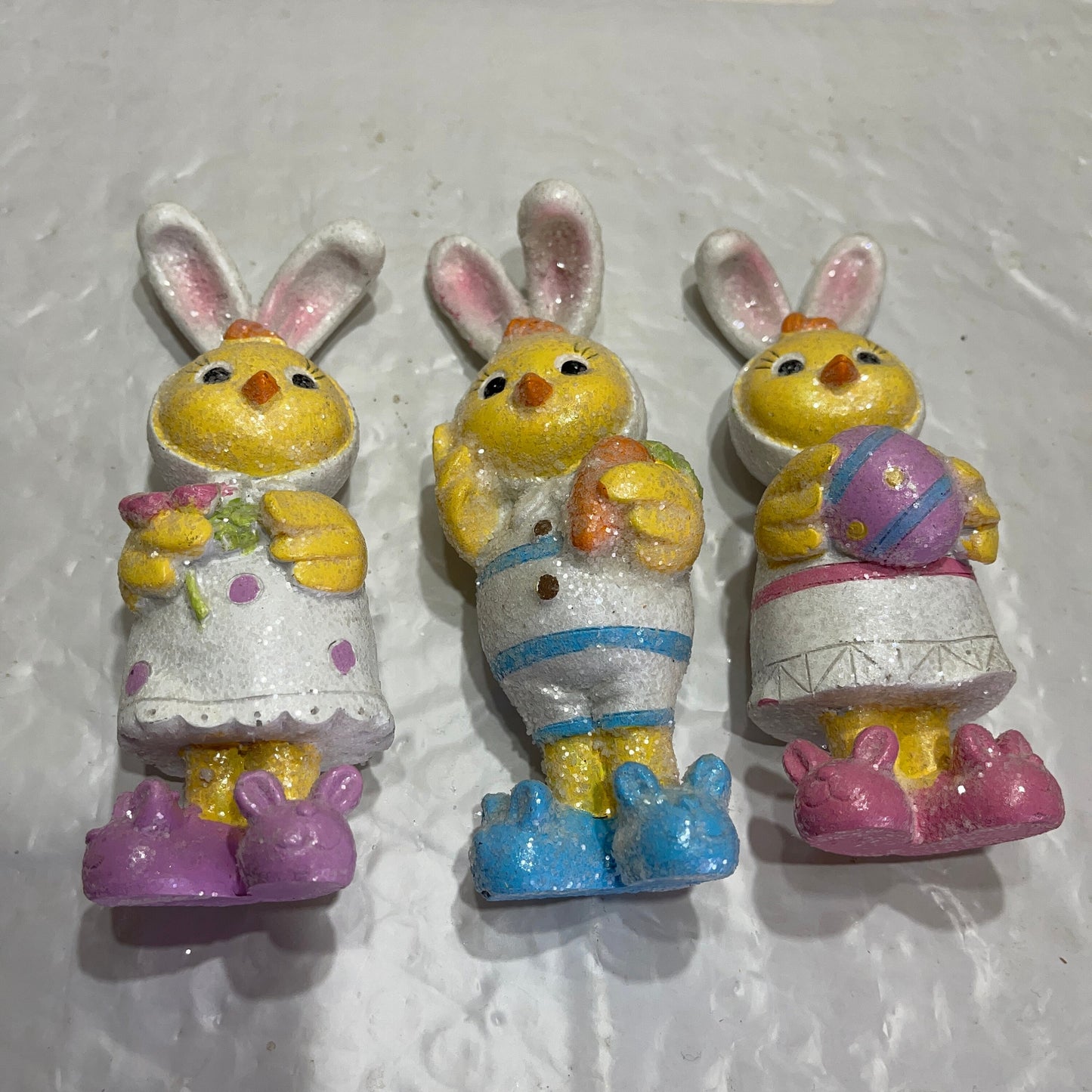 Spectacular Set Of 3 Sparkling Baby Chicks In Bunny Pajamas and Slippers Ready For The Easter Bunny To Visit Vintage Collectible Figurines