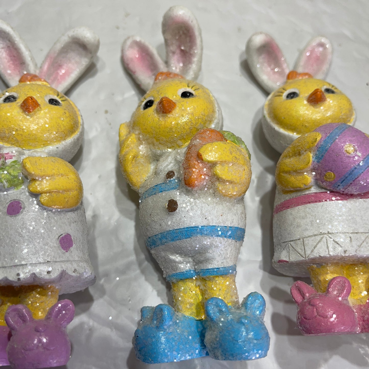Spectacular Set Of 3 Sparkling Baby Chicks In Bunny Pajamas and Slippers Ready For The Easter Bunny To Visit Vintage Collectible Figurines