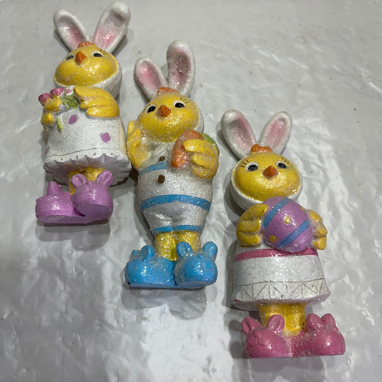 Spectacular Set Of 3 Sparkling Baby Chicks In Bunny Pajamas and Slippers Ready For The Easter Bunny To Visit Vintage Collectible Figurines