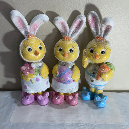 Spectacular Set Of 3 Sparkling Baby Chicks In Bunny Pajamas and Slippers Ready For The Easter Bunny To Visit Vintage Collectible Figurines