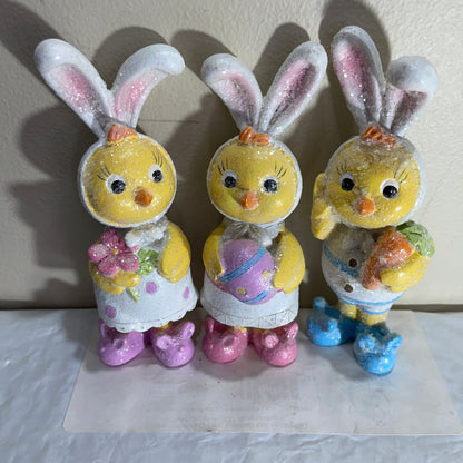 Spectacular Set Of 3 Sparkling Baby Chicks In Bunny Pajamas and Slippers Ready For The Easter Bunny To Visit Vintage Collectible Figurines