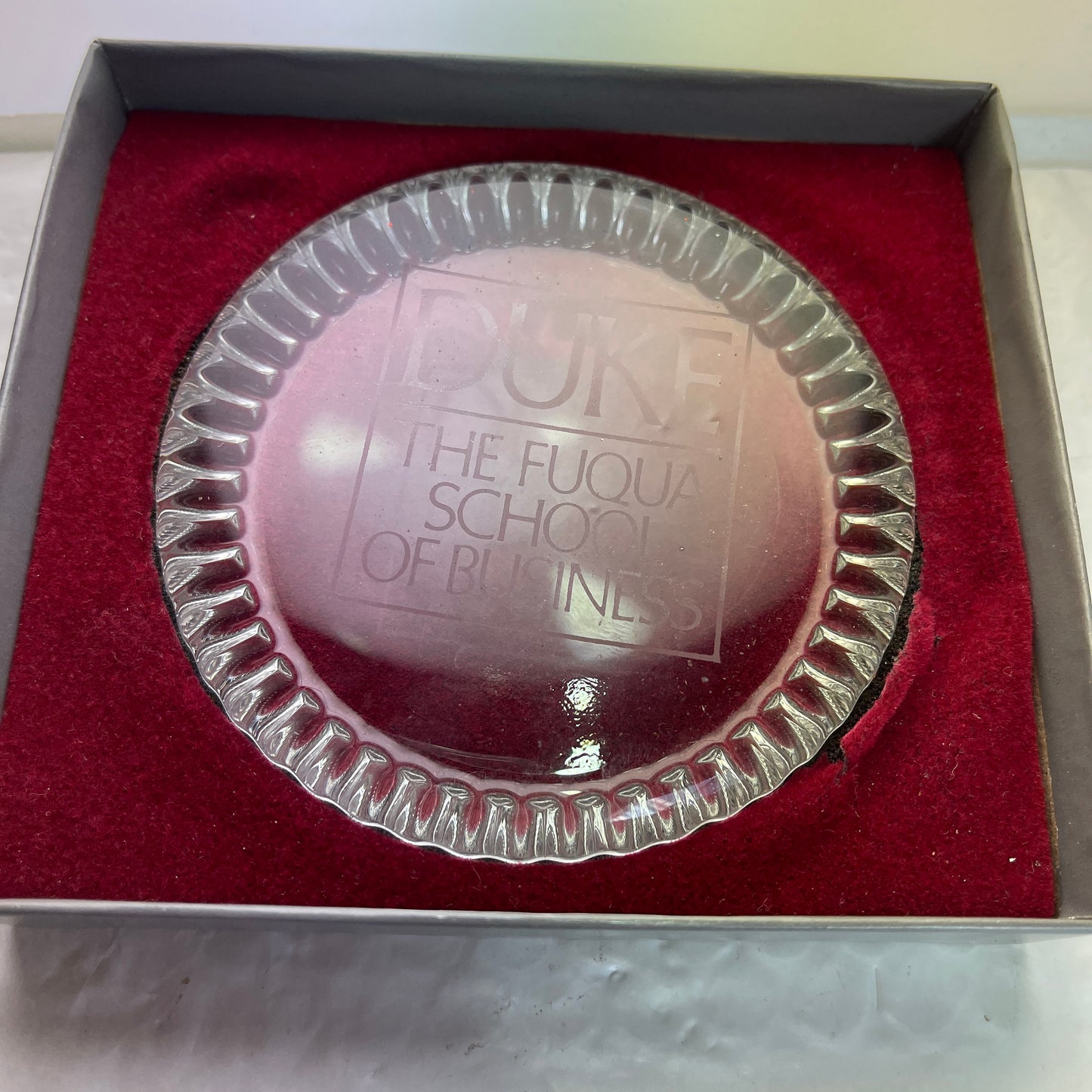 Duke The Fuqua School Of Business Clear Etched Glass Paperweight Vintage Collectible Memorabilia
