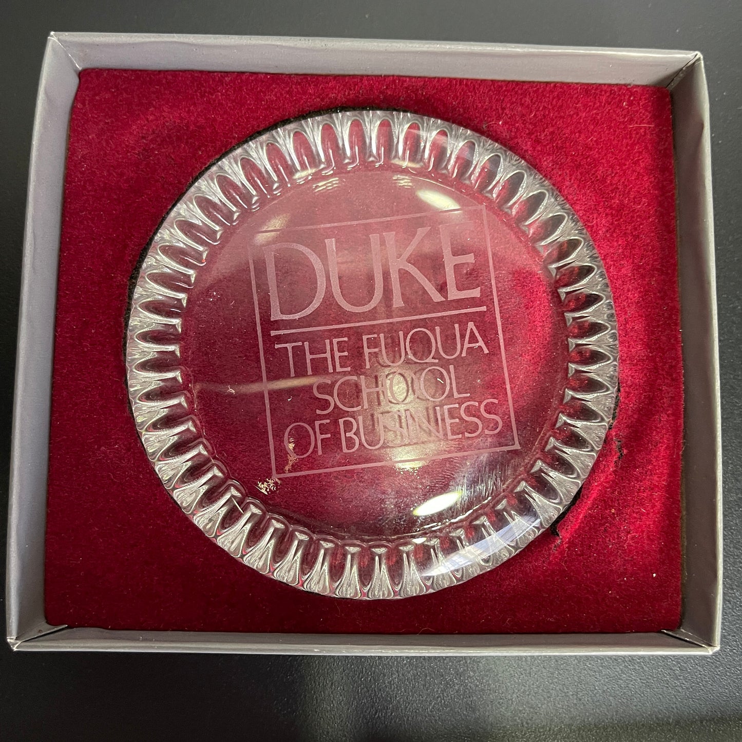 Duke The Fuqua School Of Business Clear Etched Glass Paperweight Vintage Collectible Memorabilia