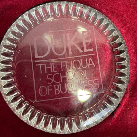 Duke The Fuqua School Of Business Clear Etched Glass Paperweight Vintage Collectible Memorabilia