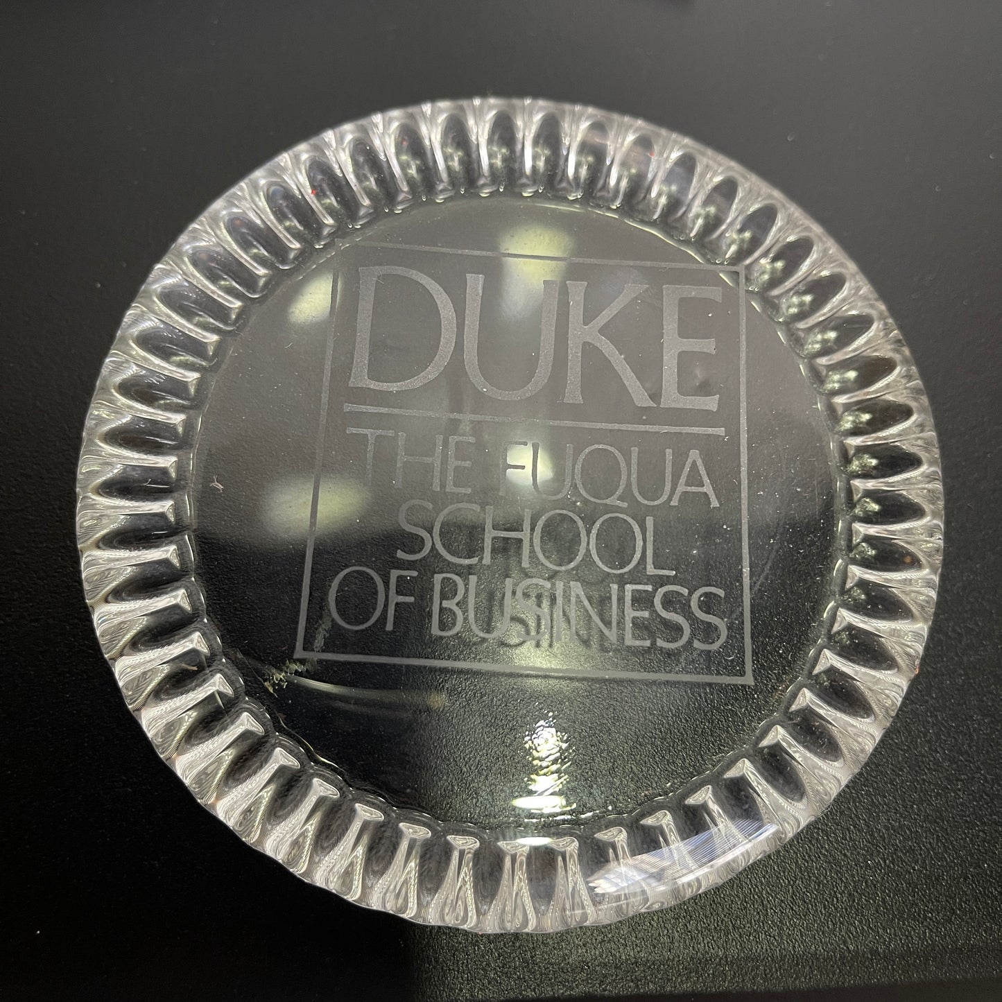 Duke The Fuqua School Of Business Clear Etched Glass Paperweight Vintage Collectible Memorabilia