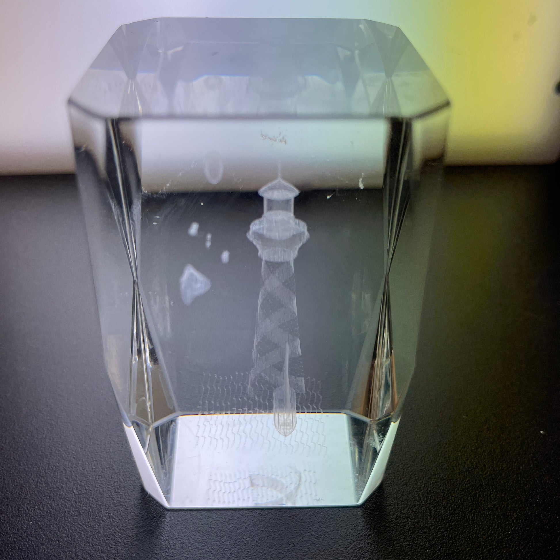 Laser Etched 3D Lighthouse and Sailboat Scene 3 Inch Tall Crystal Clear Glass Block Nautical Keepsake