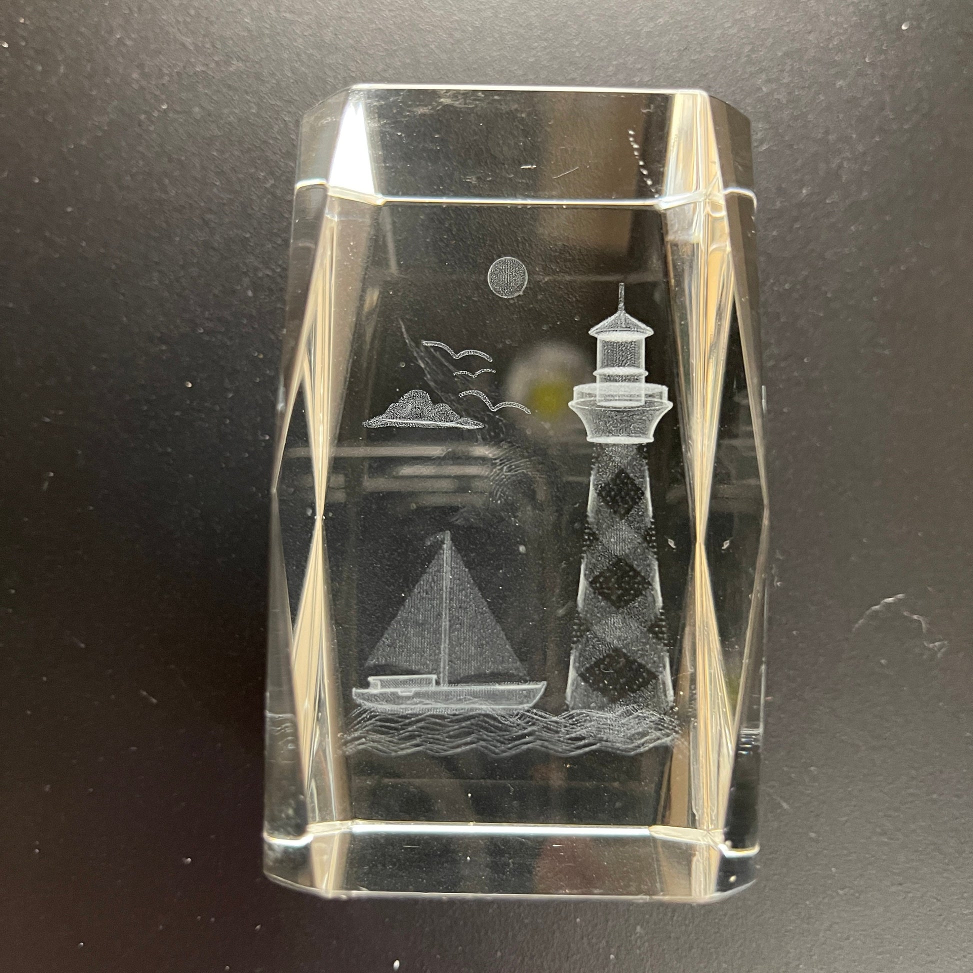 Laser Etched 3D Lighthouse and Sailboat Scene 3 Inch Tall Crystal Clear Glass Block Nautical Keepsake