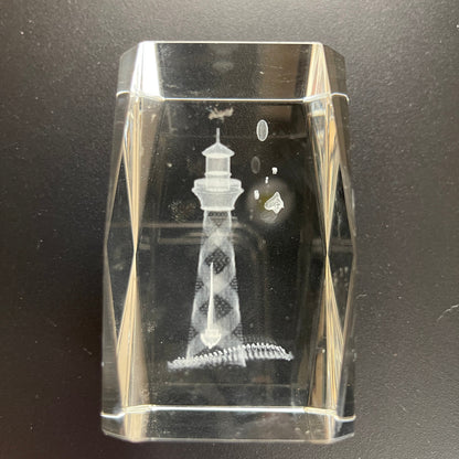 Laser Etched 3D Lighthouse and Sailboat Scene 3 Inch Tall Crystal Clear Glass Block Nautical Keepsake