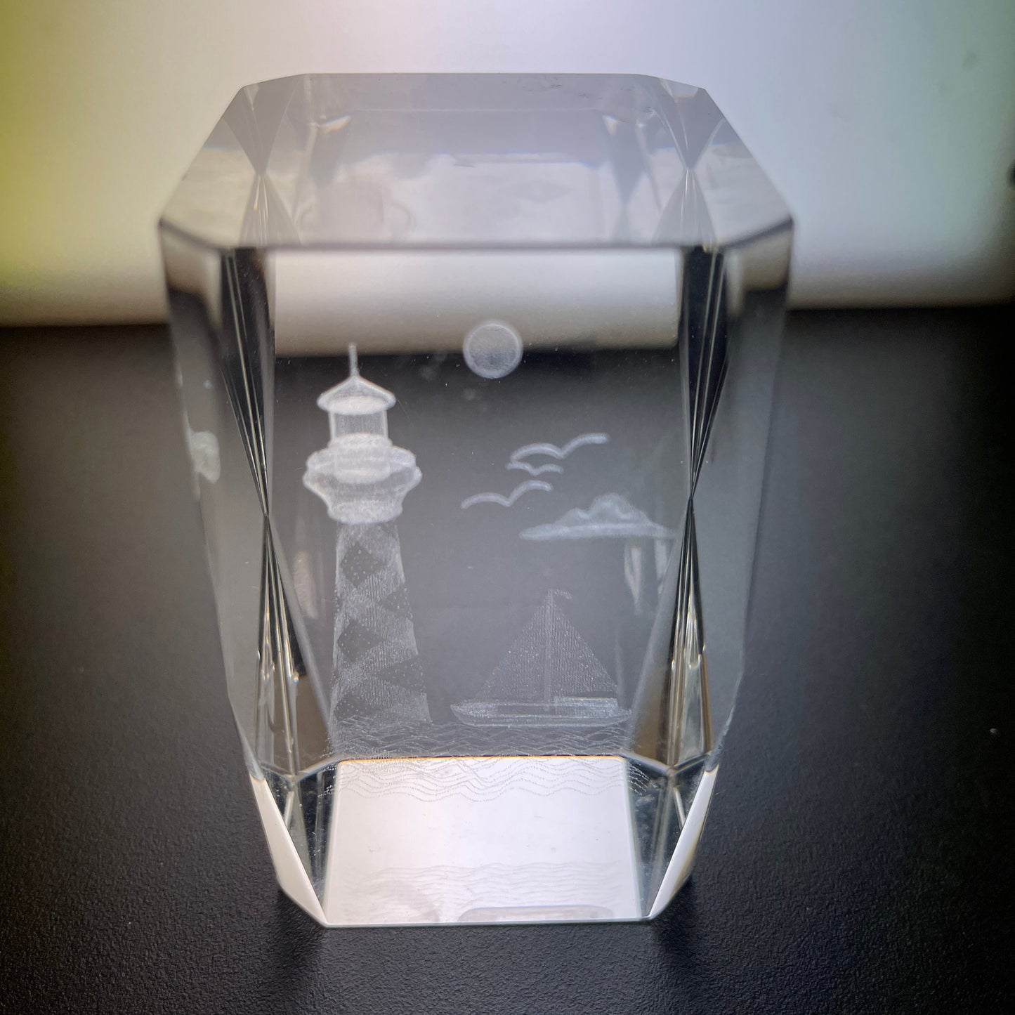 Laser Etched 3D Lighthouse and Sailboat Scene 3 Inch Tall Crystal Clear Glass Block Nautical Keepsake