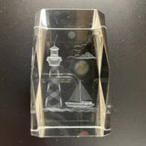 Laser Etched 3D Lighthouse and Sailboat Scene 3 Inch Tall Crystal Clear Glass Block Nautical Keepsake