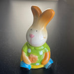 Happy Little Hunny Bunny In A  Green Polka Dot Sweater Vintage Porcelain Collectible Spring Decor 3.25 by 2.25 inches