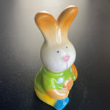 Happy Little Hunny Bunny In A  Green Polka Dot Sweater Vintage Porcelain Collectible Spring Decor 3.25 by 2.25 inches