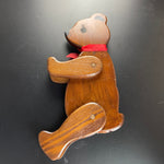 Wonderful Wooden Brown Bear in Red Bow with Jointed Arms and Legs Vintage Collectible Cottagecore Decor 10 inches tall