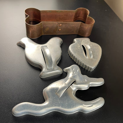 Cookie Cutters Set of 4 Dog Bone, Scared Cat, Duck, and Spade Shaped Vintage Collectible Bakeware