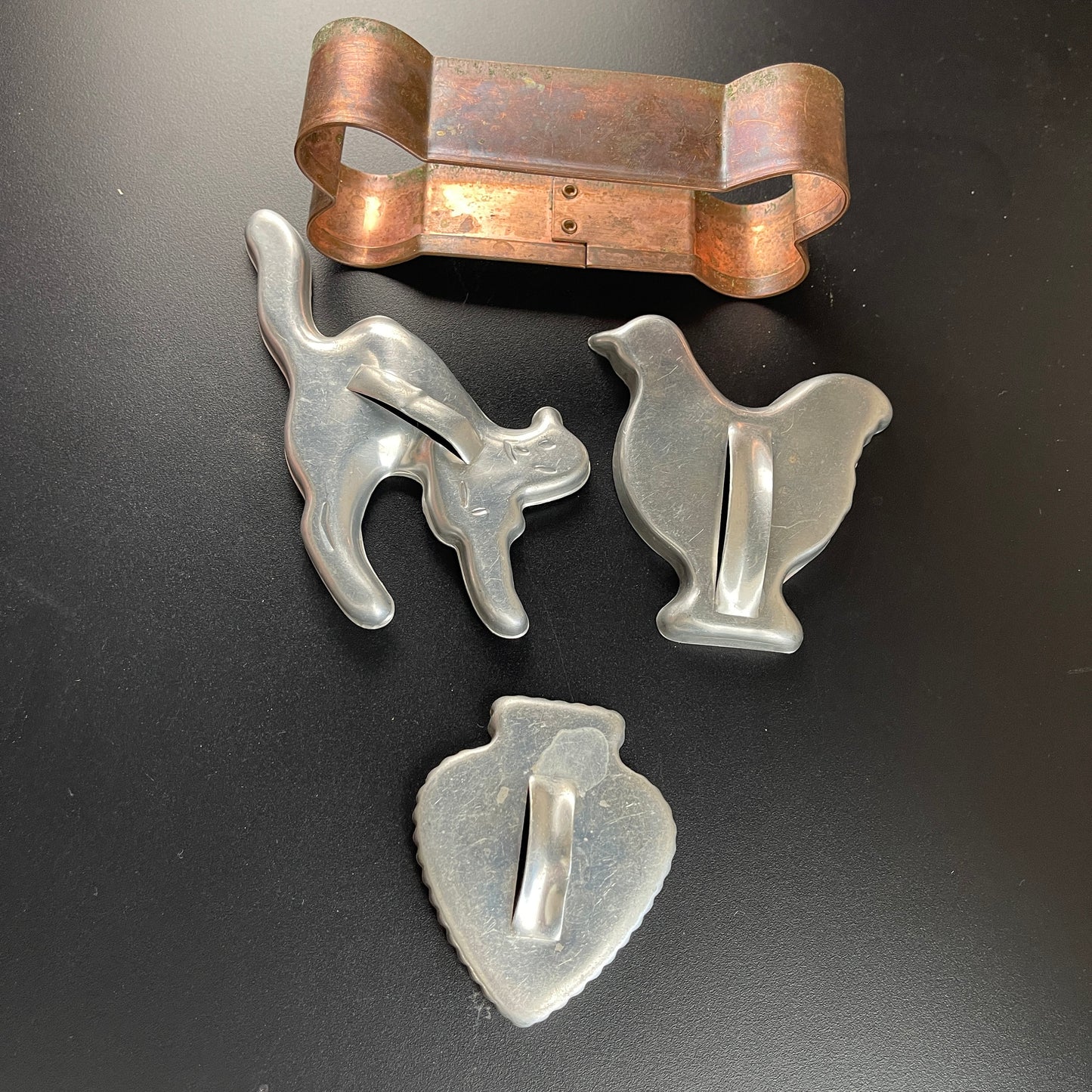 Cookie Cutters Set of 4 Dog Bone, Scared Cat, Duck, and Spade Shaped Vintage Collectible Bakeware