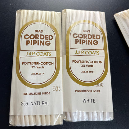 JP Coats Bias Corded Piping Lot of 3 White x2 Natural x1 Vintage Sewing Notions