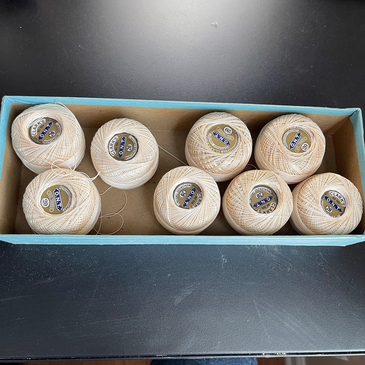 Clarks O.N.T. Box with 8 Spools Mercerized Crochet Off White Vintage Thread
