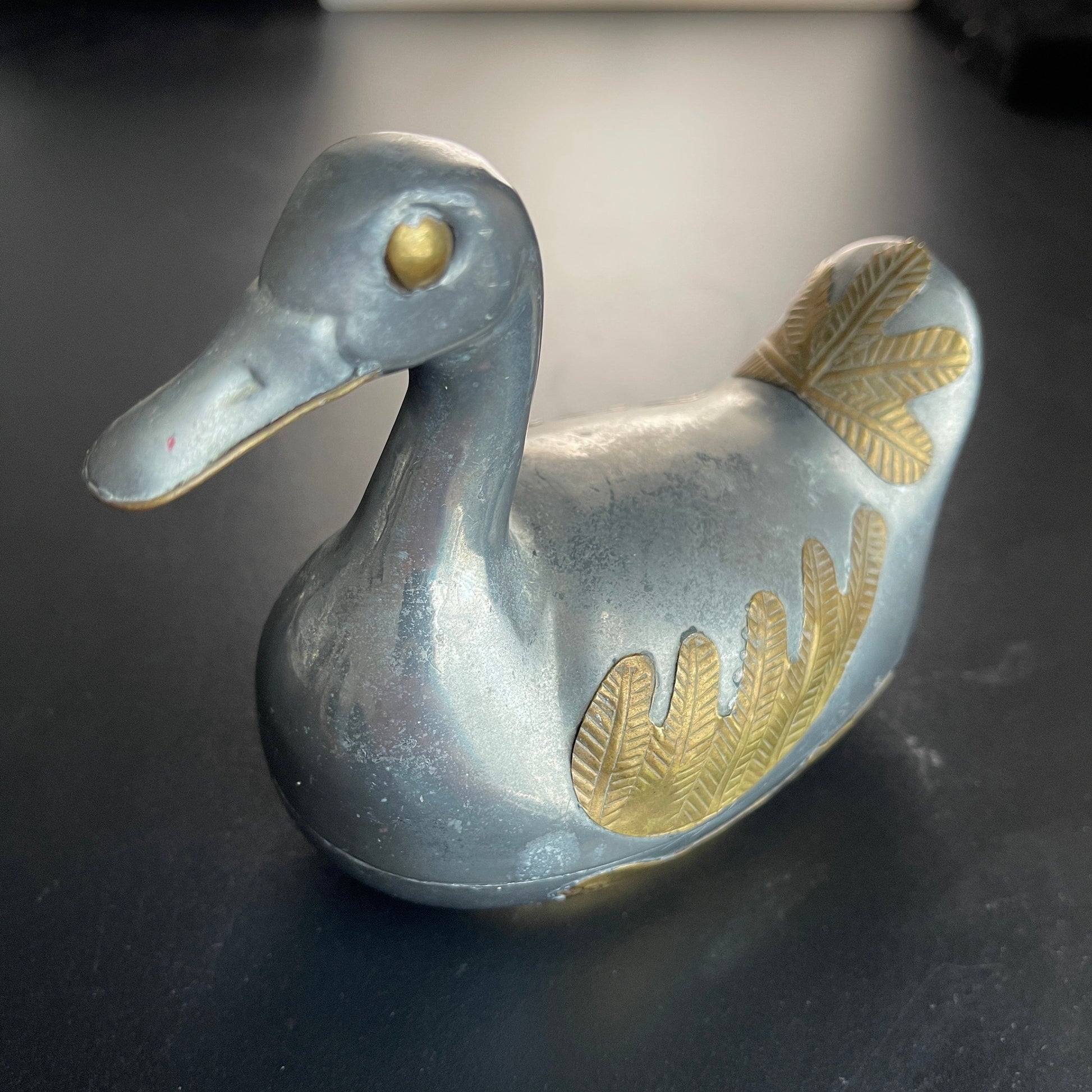 Pewter and Brass Duck Trinket Box Vintage Collectible Figurine Sculpture Keepsake Container