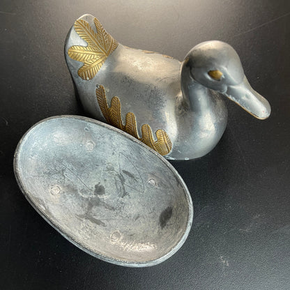 Pewter and Brass Duck Trinket Box Vintage Collectible Figurine Sculpture Keepsake Container