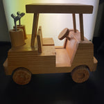 Wonderful wood golf cart with wood golf bags, steering wheel,  and tires vintage figurine desk top accessory 7 by 5.5 inches