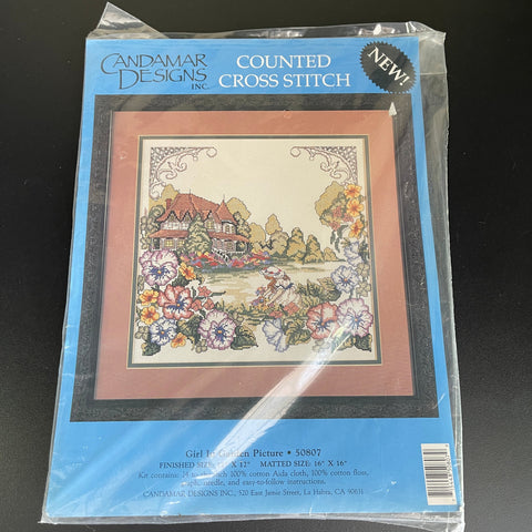 Candamar Designs Girl in the Garden Picture 50807 vintage counted cross stitch kit hard to find*