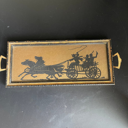 antastic Horse and Buggy Scherinschnit picture in small tray with metal handles decorative vintage collectible
