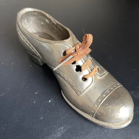 Germany Silver-tone metal wing tip dress shoe with real shoe strings ink well holder vintage collectible desk accessory*