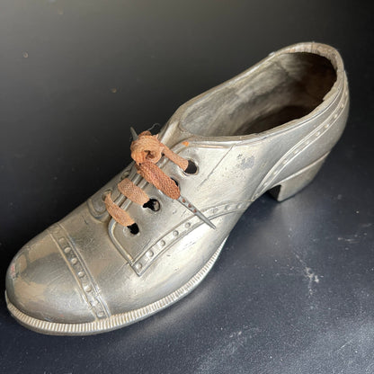 Germany Silver-tone metal wing tip dress shoe with real shoe strings ink well holder vintage collectible desk accessory*