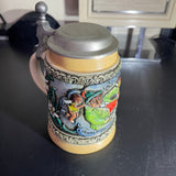 Gorgeous German Beer Stein with classic saying and picture in painted relief molded into stoneware mug with metal lid see description*