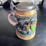 Gorgeous German Beer Stein with classic saying and picture in painted relief molded into stoneware mug with metal lid see description*