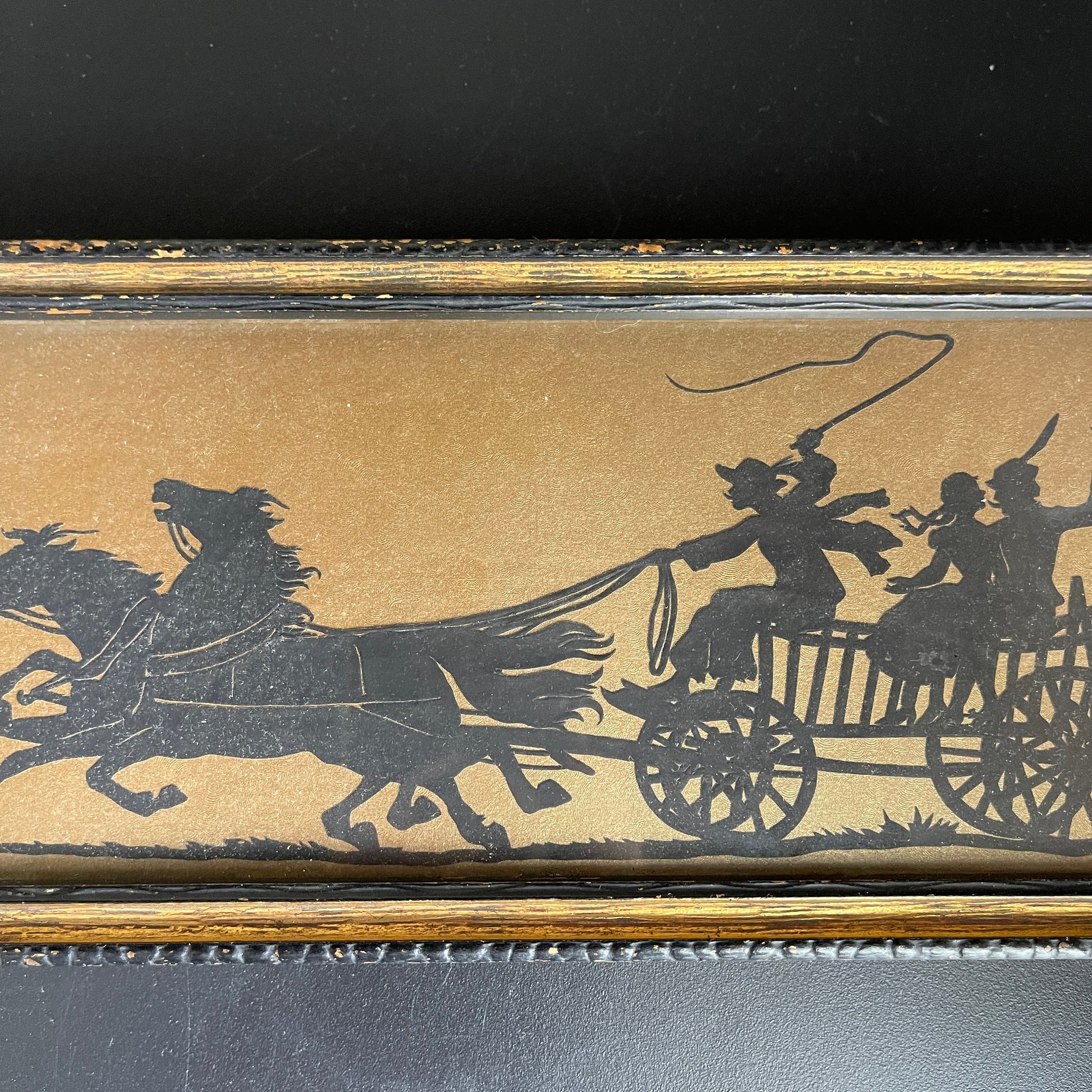 antastic Horse and Buggy Scherinschnit picture in small tray with metal handles decorative vintage collectible