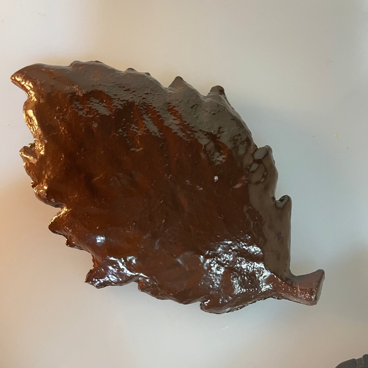 Bodacious brown glazed cast iron 3D leaf vintage collectible trinket dish