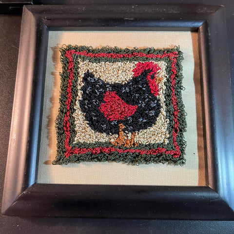 Chicken Hen and Rooster pair of handmade punch-needle art finished and framed projects