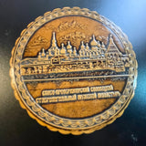 Moscow Russia depicted on lid of ornate 3 inch round wooden powder/trinket box vintage collectible