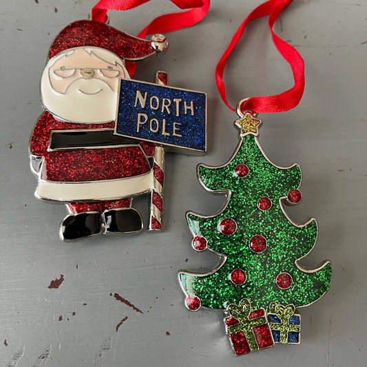 Christmas Tree and North Pole Santa Clause Set of 2 Sparkle-Metal 3 inch Christmas Ornaments