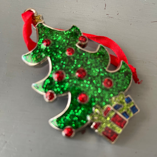 Christmas Tree and North Pole Santa Clause Set of 2 Sparkle-Metal 3 inch Christmas Ornaments