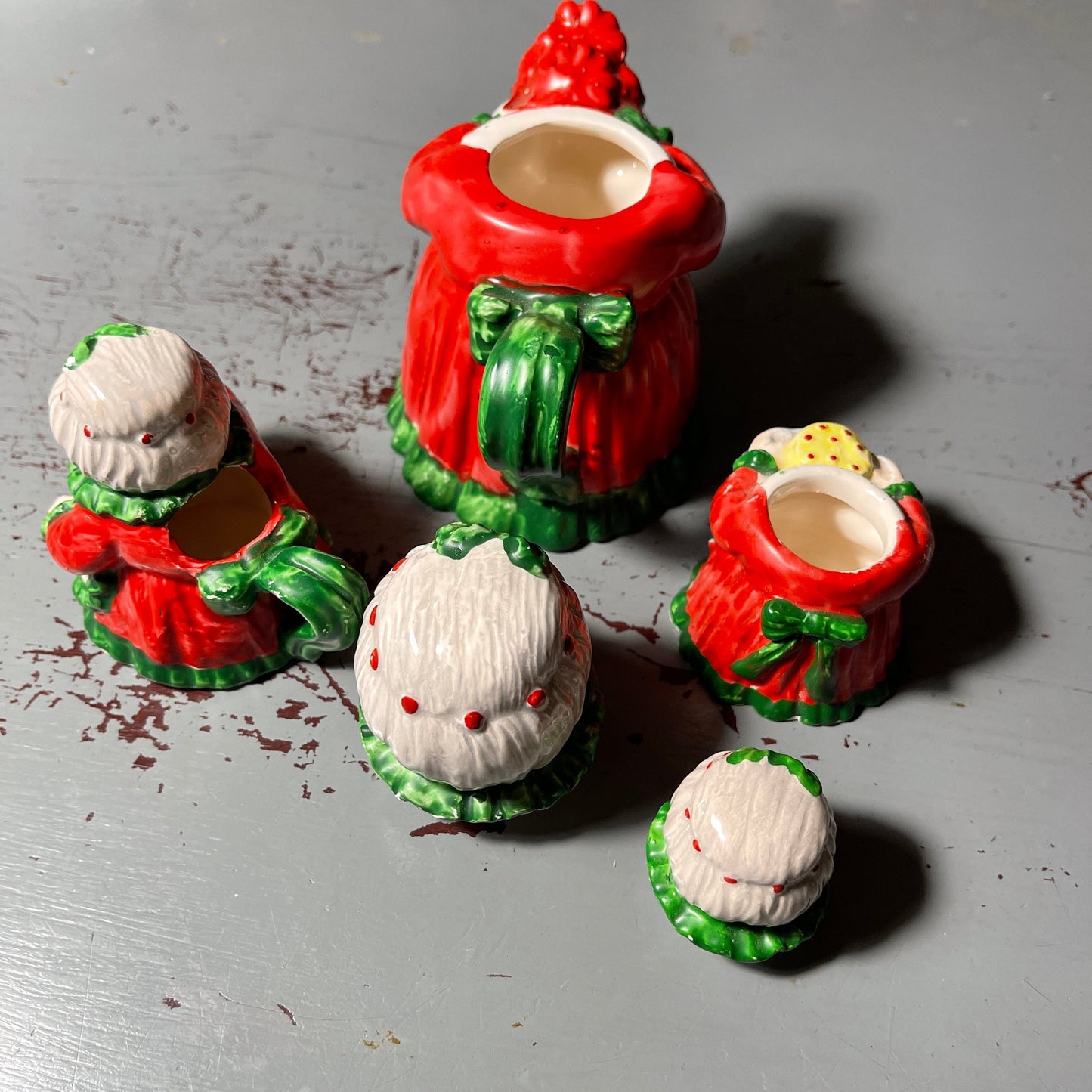 Mrs Claus Tea Set miniature set of 3 painted glazed ceramic vintage collectible