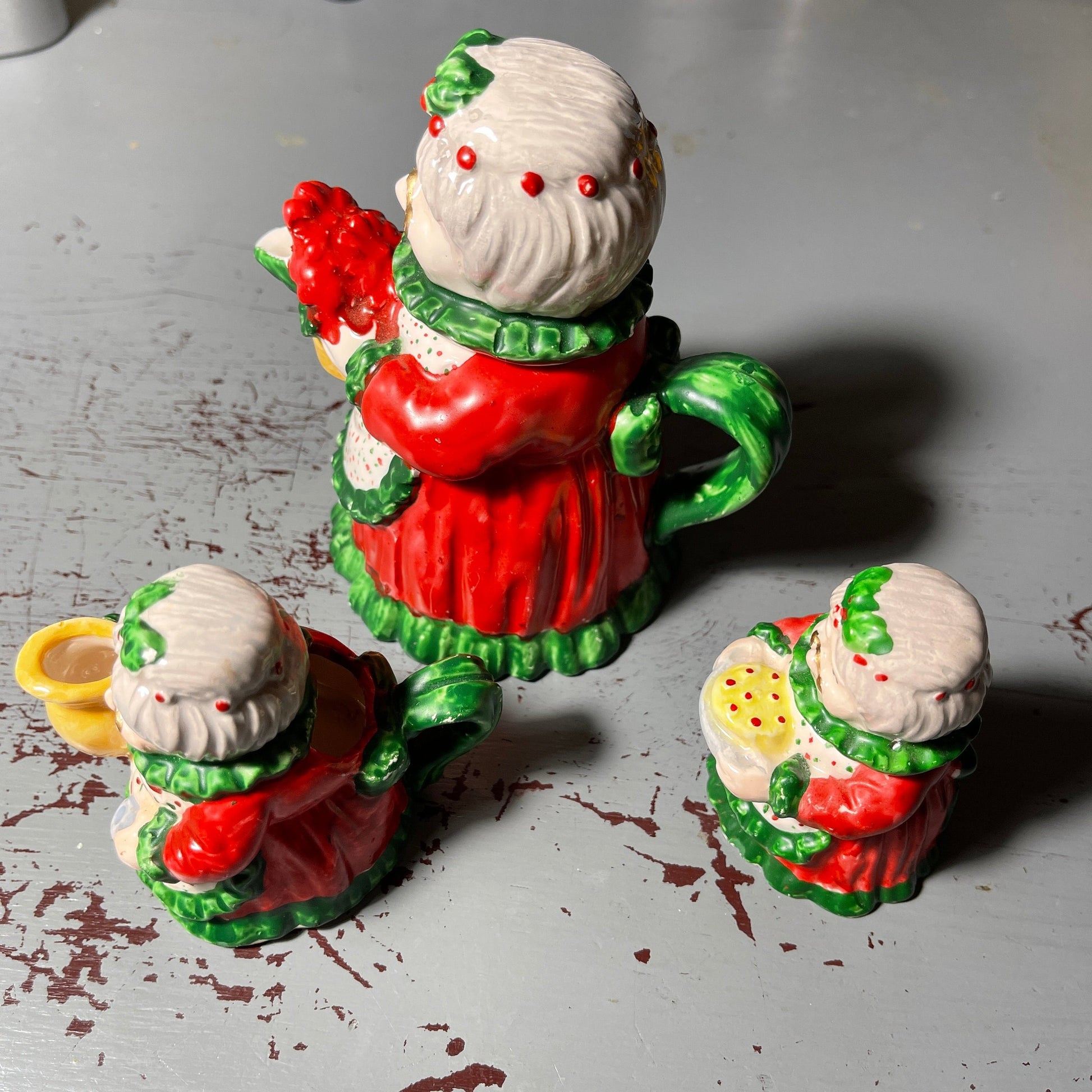 Mrs Claus Tea Set miniature set of 3 painted glazed ceramic vintage collectible