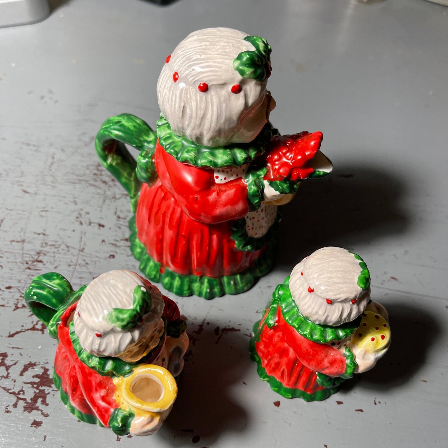 Mrs Claus Tea Set miniature set of 3 painted glazed ceramic vintage collectible