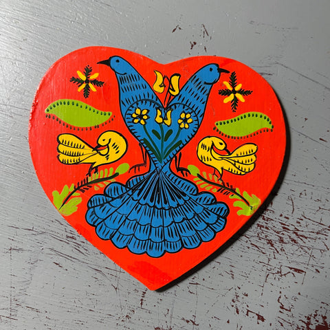 Pennsylvania Dutch Style Folk Art Painted Little Blue Dress Wooden Heart Shape