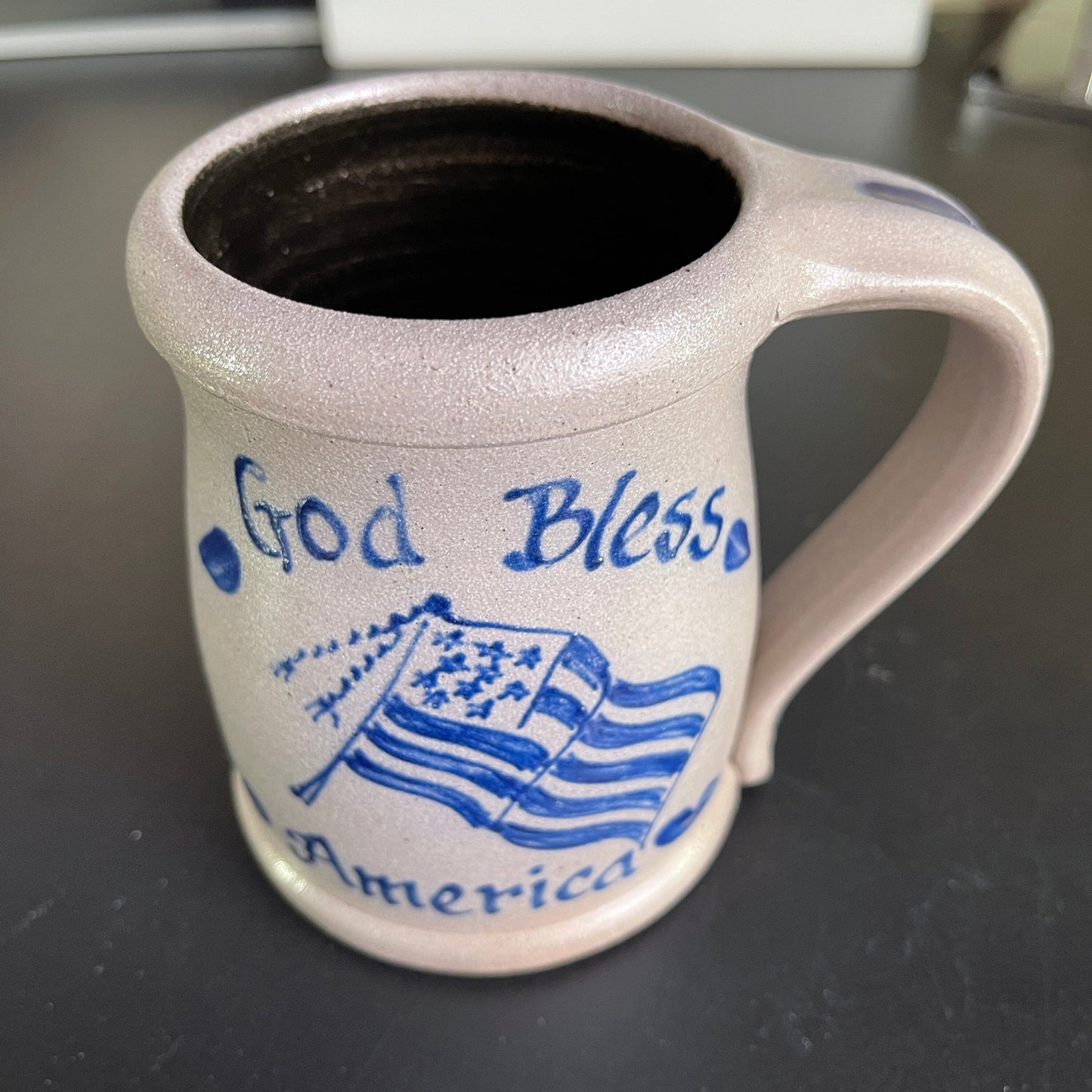Lowe Pottery Works God Bless America stoneware mug vintage 2002 kitchen collectible