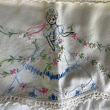 Delightful doll girls in flowing dresses hand embroidered set of 2 vintage pillow cases
