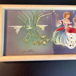 Charming Cinderella ready for the ball with fairy god mother and carriage 3 hand painted tiles in frame vintage collectible wall hanging
