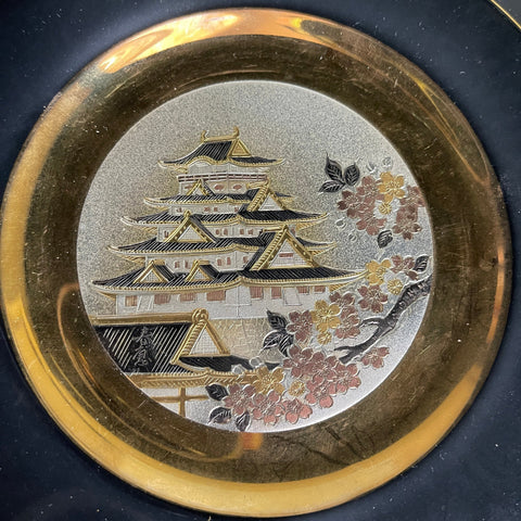 Japanese Chokin art plate depicting palace in copper gilded in silver and gold vintage kitchen collectible